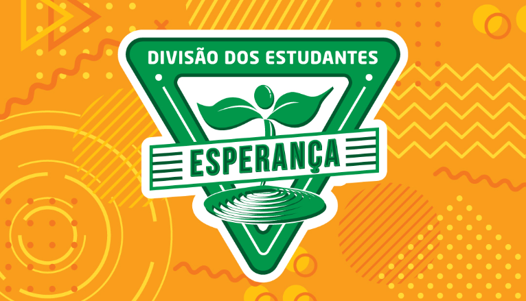 Banner laranja com logo verde em formato de triângulo invertido com escrito com letras em verde Divisão dos Estudantes Esperança