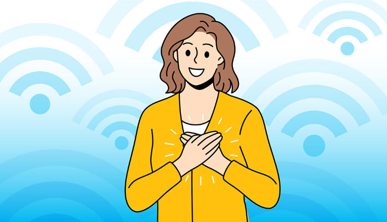 Ilustração de menina com a mão no coração e sinais de rede wi-fi