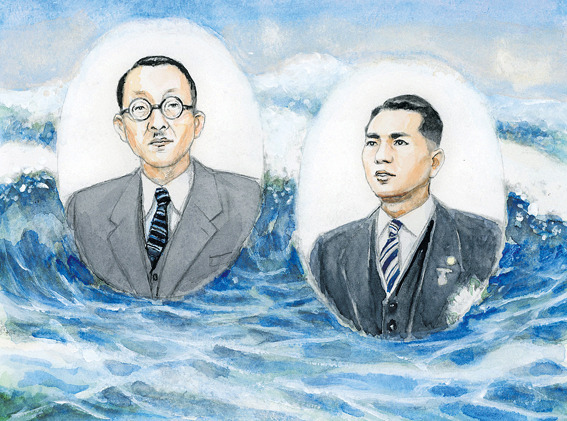 Jovem Daisaku Ikeda, à dir., e seu mestre, Josei Toda