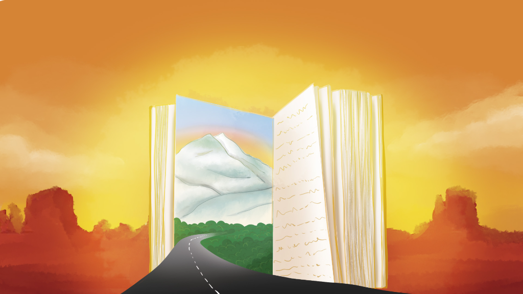 Ilustração de estrada entrando no livro com findo de pôr do sol