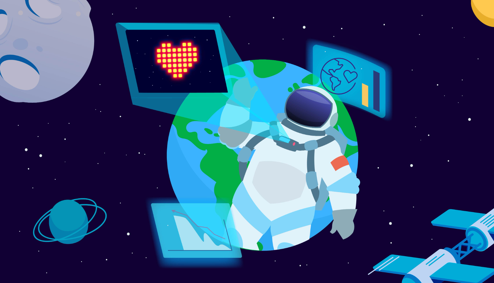 Ilustração de astronauta no espaço olhando uma telinha azul com um coração