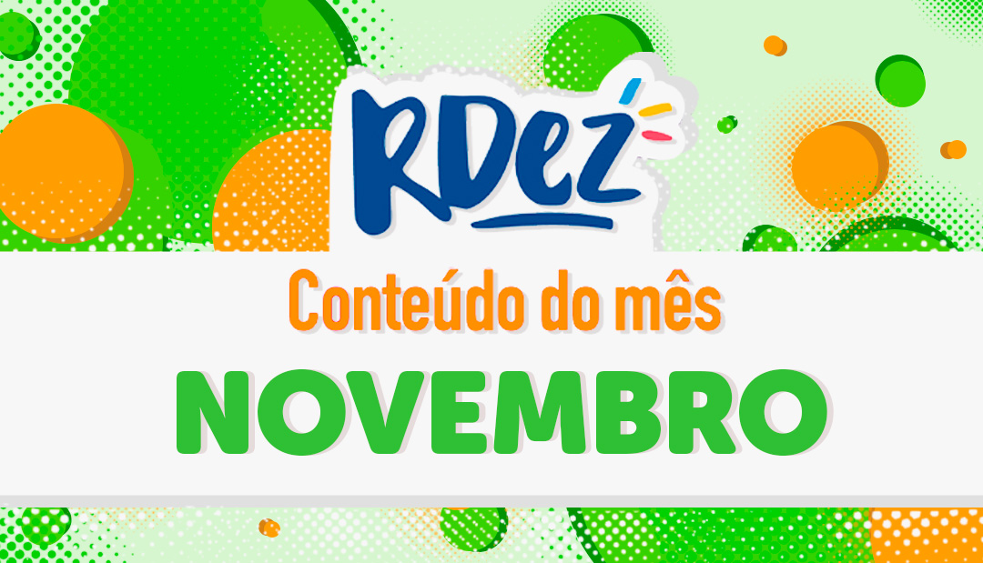 Banner verde e laranja escrito "Conteúdo do mês Novembro"