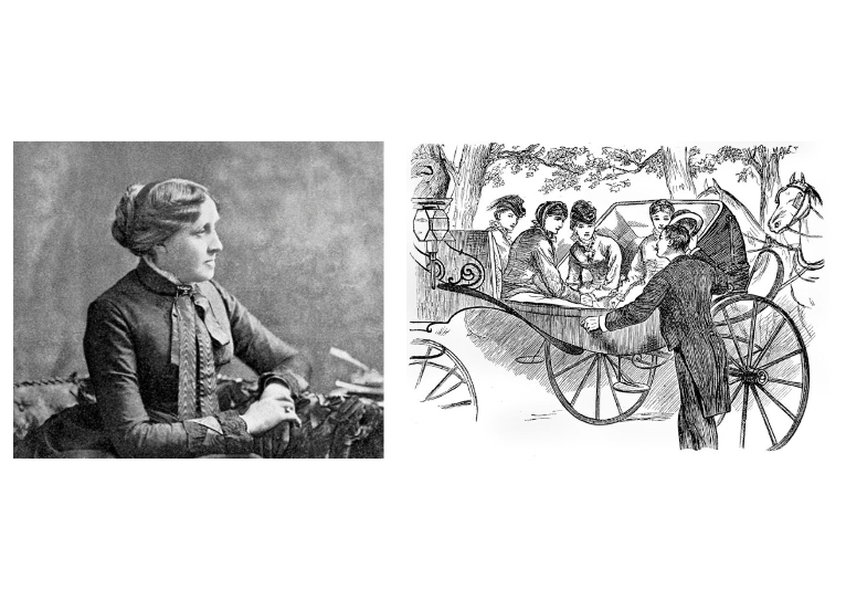 Retrato da autora de 1889. Ao lado, ilustração para a edição de 1880 de Little Women [Mulherzinhas], de Louisa May Alcott