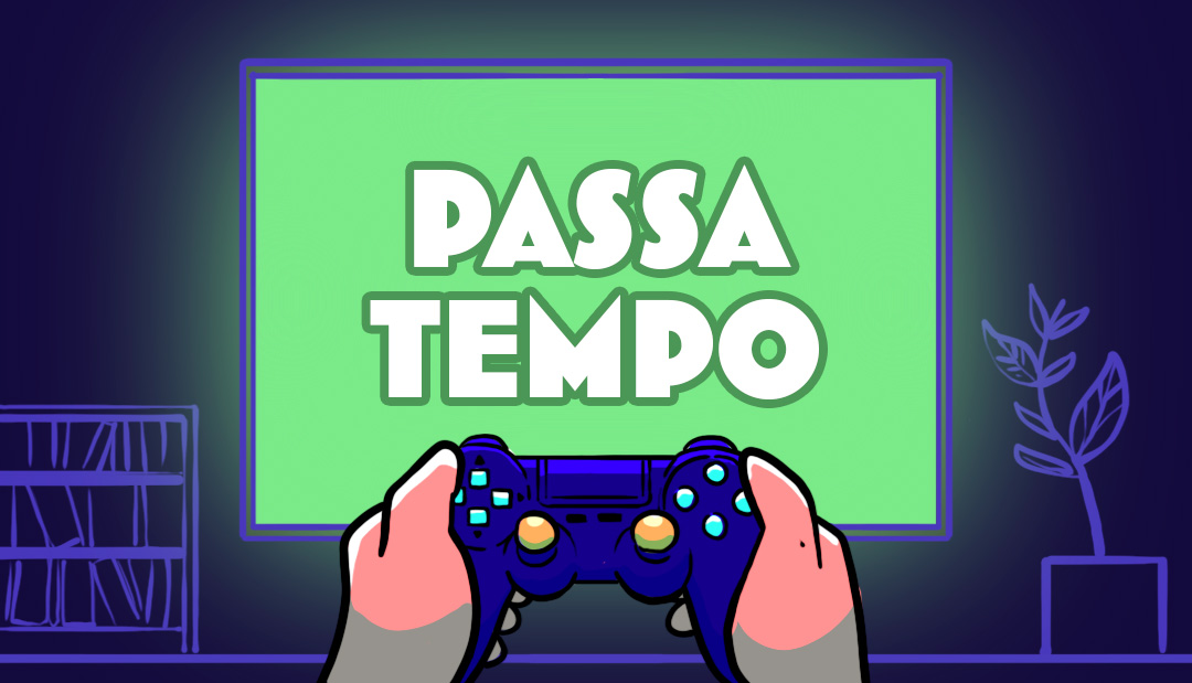 Tela de tv escrito passatempo com uma mão segurando um controle