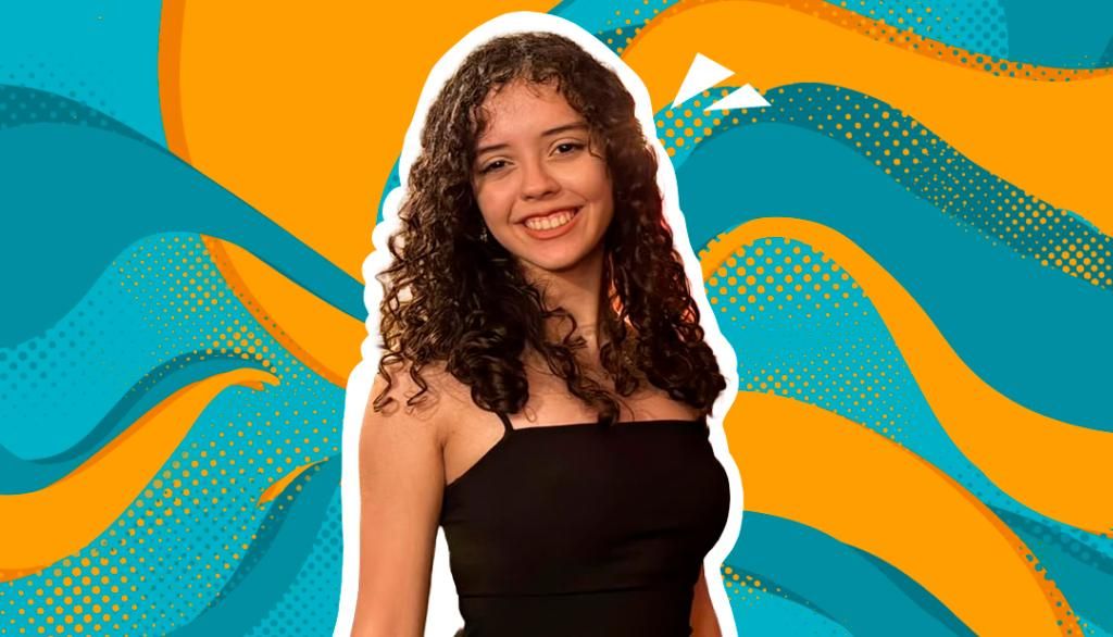 Foto com fundo azul e laranja com foto da Sucessora Ikeda Ana Lúcia